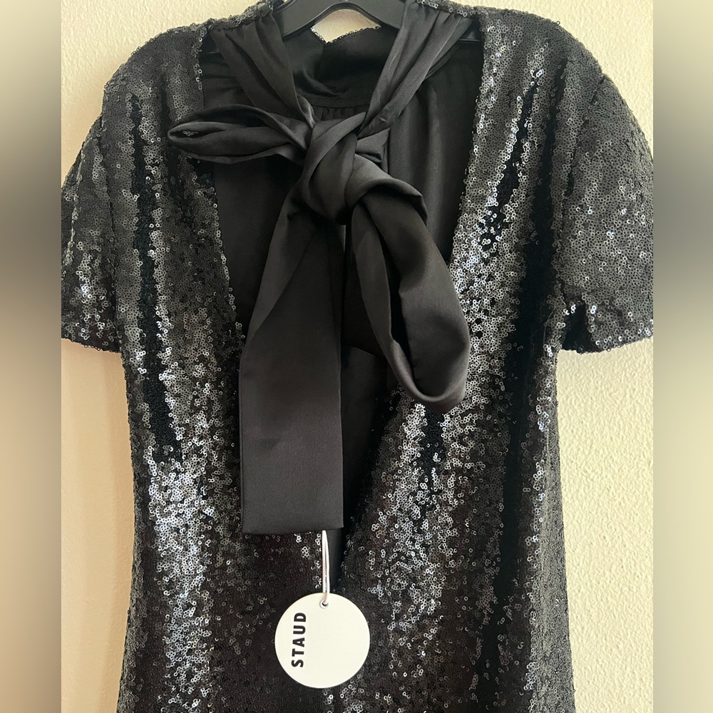 NWT STAUD Black Sequin Mini Ilana Dress Bow Size Small - Picture 9 of 11